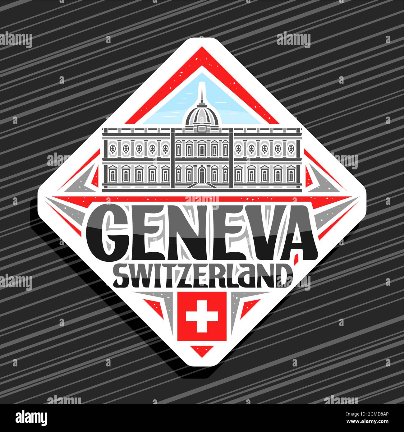 Vektor-Logo für Genf, weißes Rhombus-Straßenschild mit Umriss-Illustration des ariana-Museums auf dem Hintergrund des Tageshimmels, dekorativer Kühlschrankmagnet mit Unikat Stock Vektor