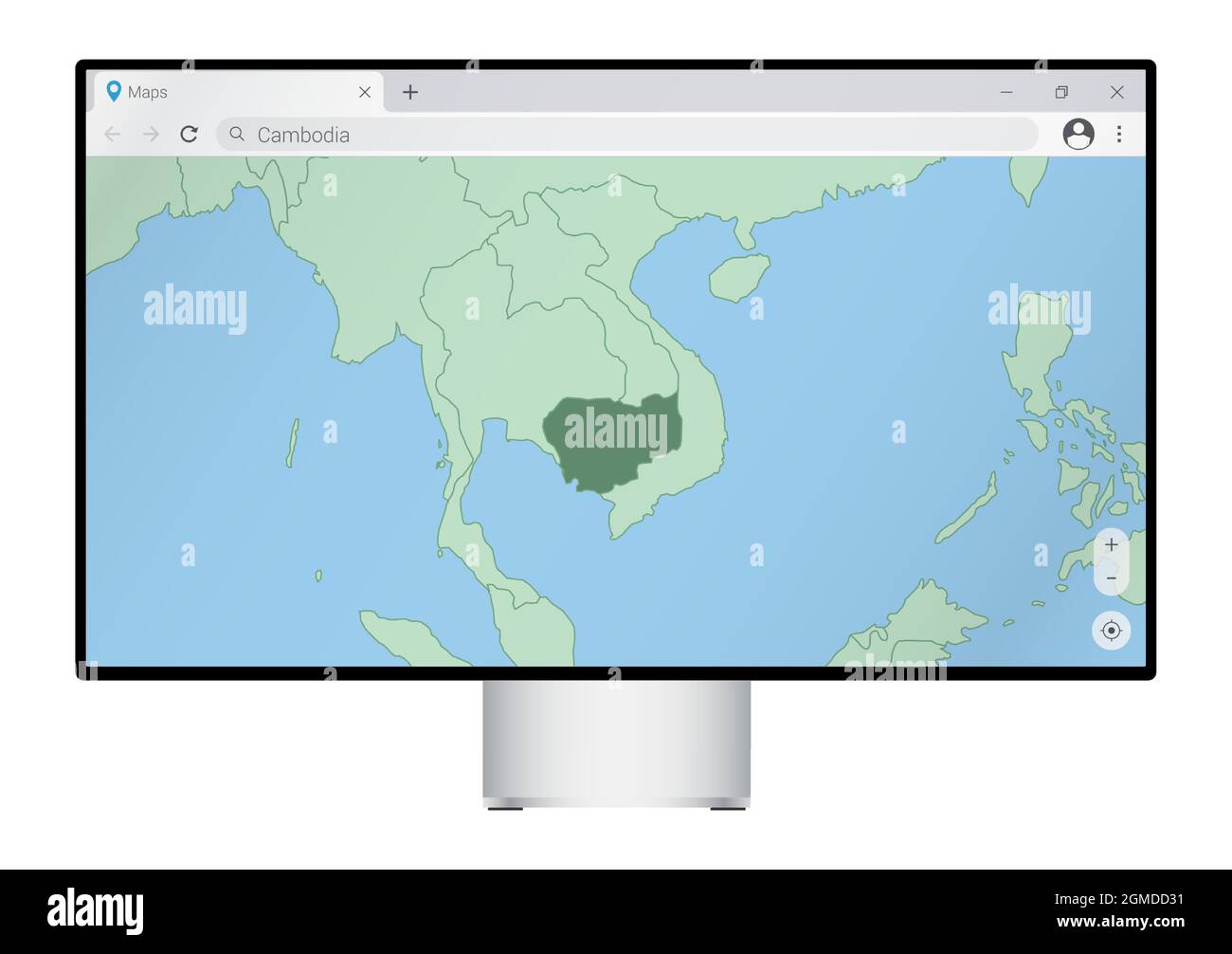 Computermonitor mit Karte von Kambodscha im Browser, Suche nach dem Land von Kambodscha auf dem Web-Mapping-Programm. Vektorvorlage. Stock Vektor