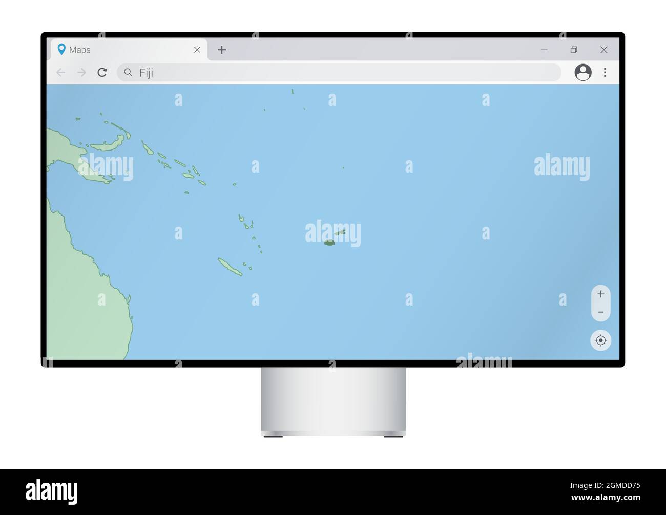 Computermonitor mit Karte von Fidschi im Browser, Suche nach dem Land von Fidschi auf dem Web-Mapping-Programm. Vektorvorlage. Stock Vektor