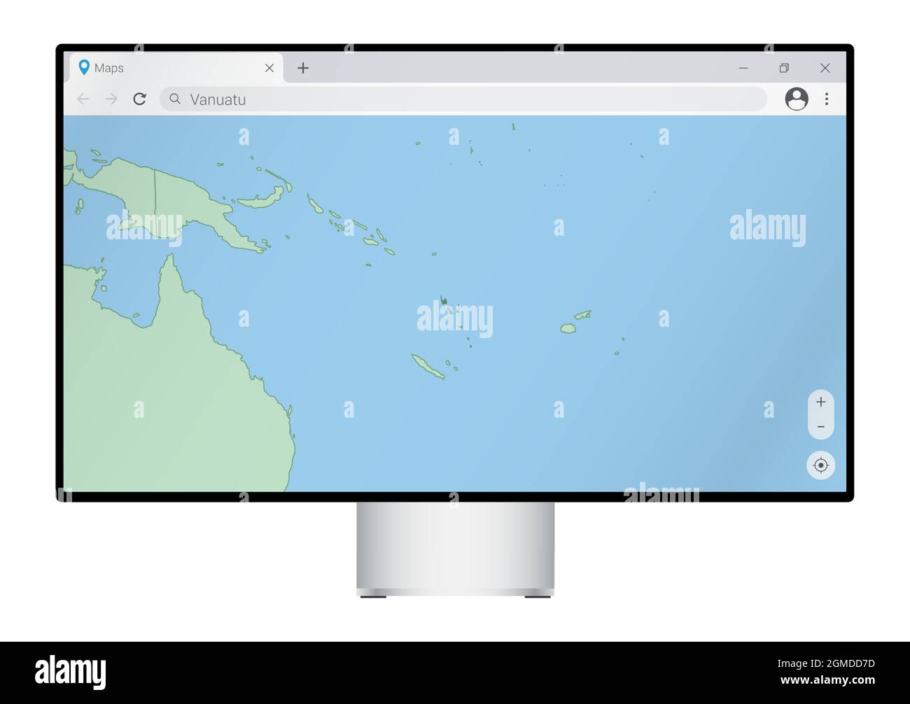 Computermonitor mit Karte von Vanuatu im Browser, suchen Sie nach dem Land von Vanuatu auf dem Web-Mapping-Programm. Vektorvorlage. Stock Vektor