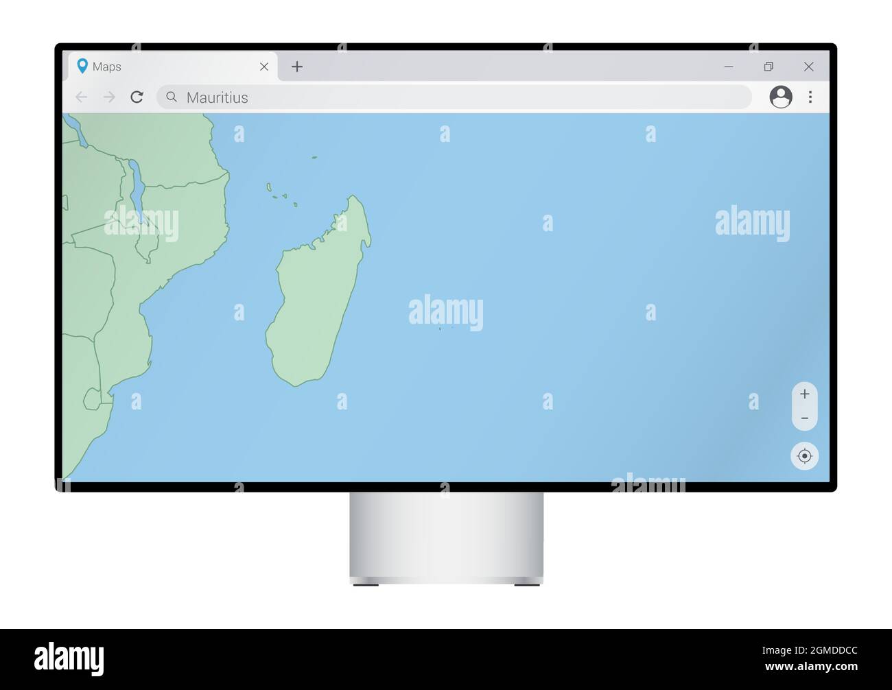 Computermonitor mit Karte von Mauritius im Browser, Suche nach dem Land