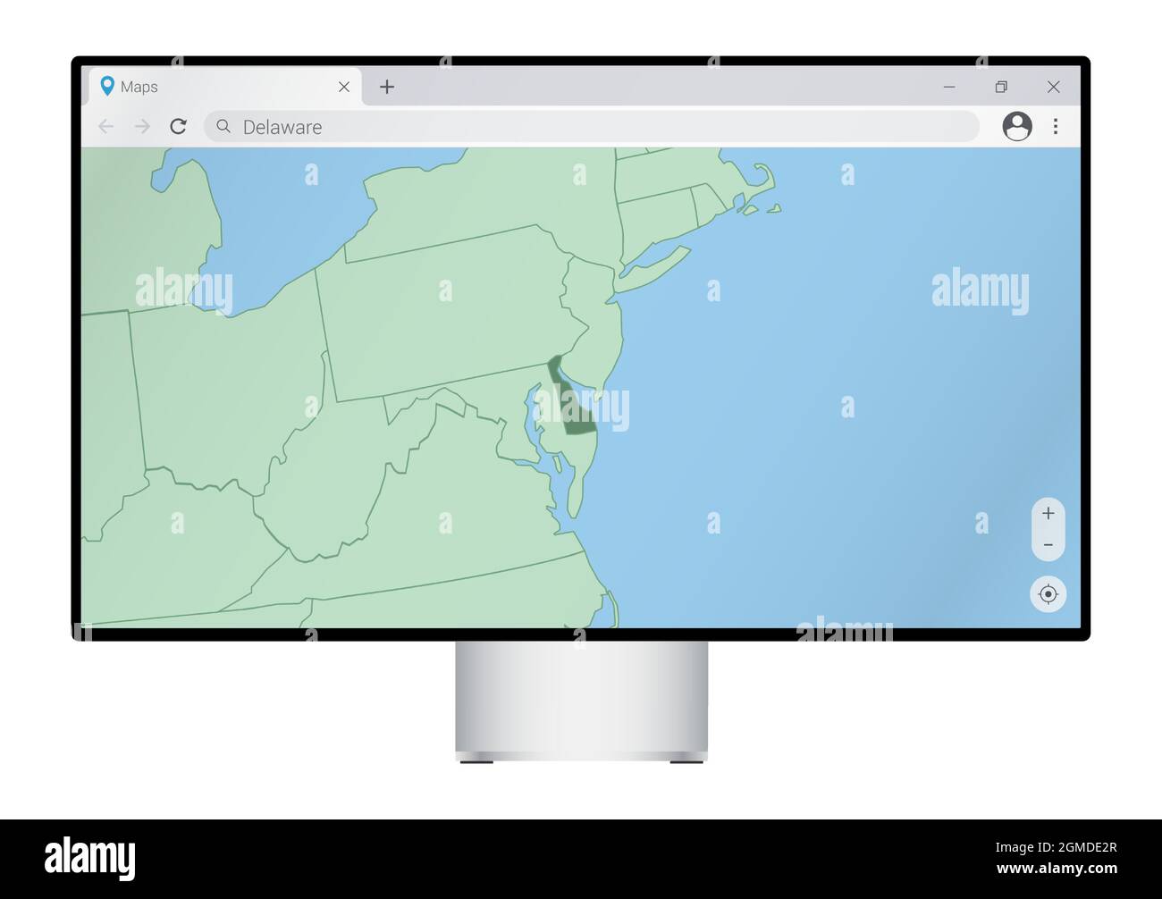 Computer-Monitor mit Karte von Delaware im Browser, suchen Sie nach dem Land von Delaware auf dem Web-Mapping-Programm. Vektorvorlage. Stock Vektor