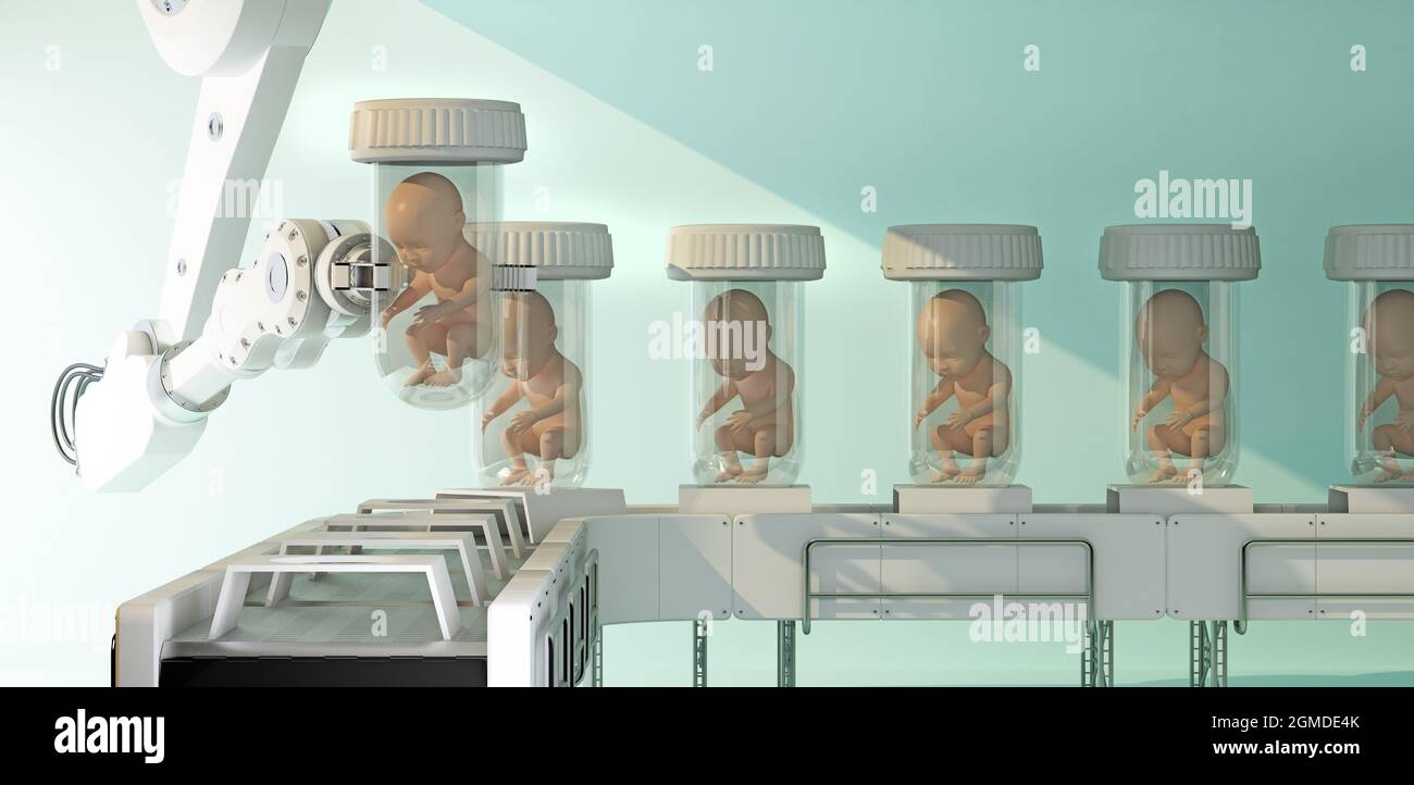 Der Roboterarm hält die Kapsel mit einem Embryo auf dem Förderer. 3d-Rendering Stockfoto