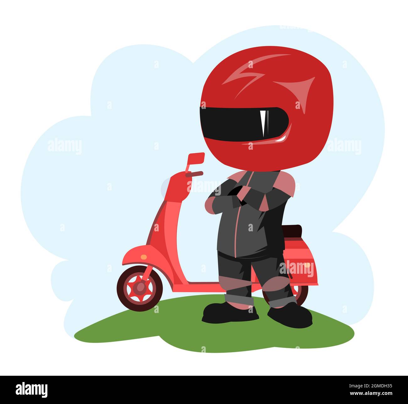 Motorroller-Fahrer. Biker-Cartoon. Abbildung für Kinder. Stolz auf den Sieg. In einer Sportuniform und einem roten Helm. Cooler Motorradfahrer. Isoliert auf Weiß Stock Vektor