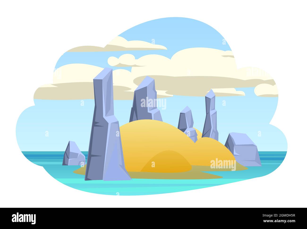 Insel im Meer. Cartoon-Stil. Blaues ruhiges Meer. Flache Abbildung. Felsen und Klippen. Isoliert auf weißem Hintergrund. Vektor. Stock Vektor