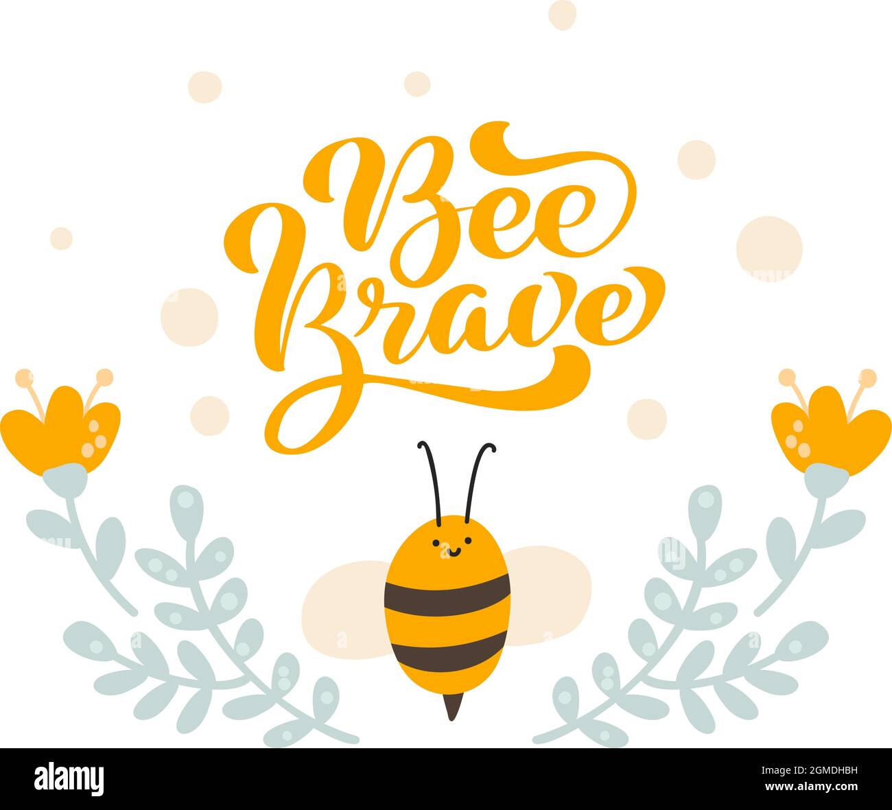 Niedliche dicke kleine Biene mit Löffel im Doodle-Stil und Kalligraphie Text Bee Brave Karte. Logo skandinavischer Babyprint in gelben und blauen Farben. Drucken für Stock Vektor