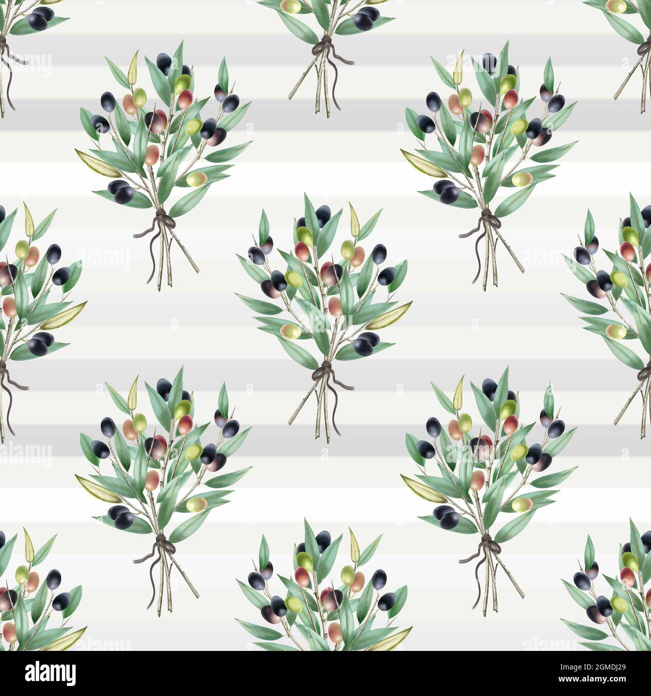Oliven nahtloses Muster. Olivenzweige mit Oliven gesetzt. Veagn Essen. Nahtloses Muster für einfache Hintergründe Stockfoto