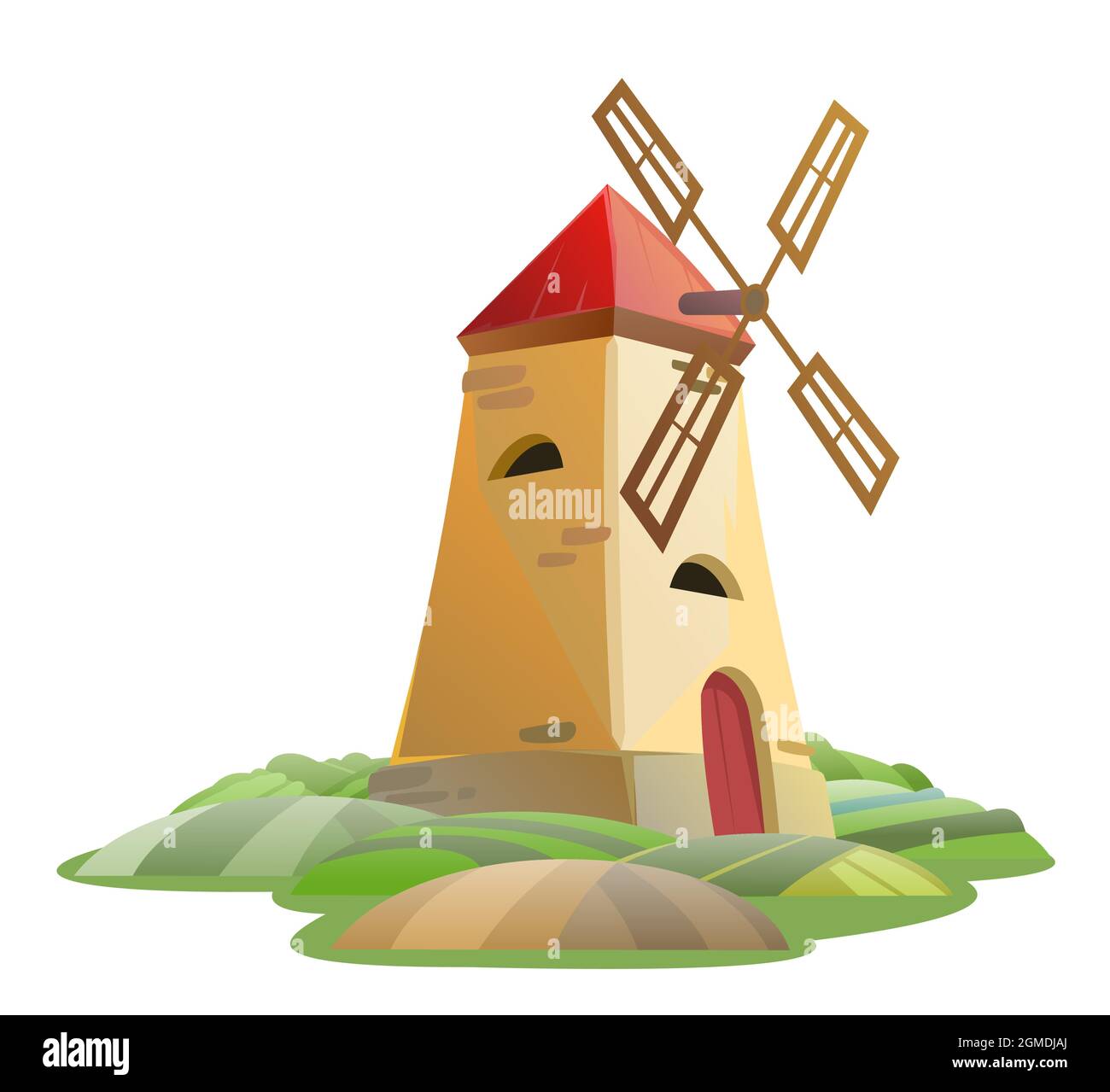 Alte Windmühle. Gartenhügel. Ländliche Farmlandschaft. Niedliche lustige Cartoon-Design Illustration. Isoliert auf weißem Hintergrund. Flacher Style. Vektor. Stock Vektor