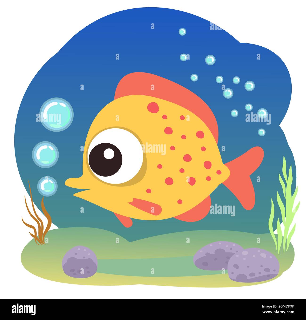 Tropischer gelber Fisch. Kleine Landschaft. Unterwasserwelt. Wilde Tiere. Meer, Meer. Sommerwasser. Isoliert auf weißem Hintergrund. Illustration in Cartoon Stock Vektor