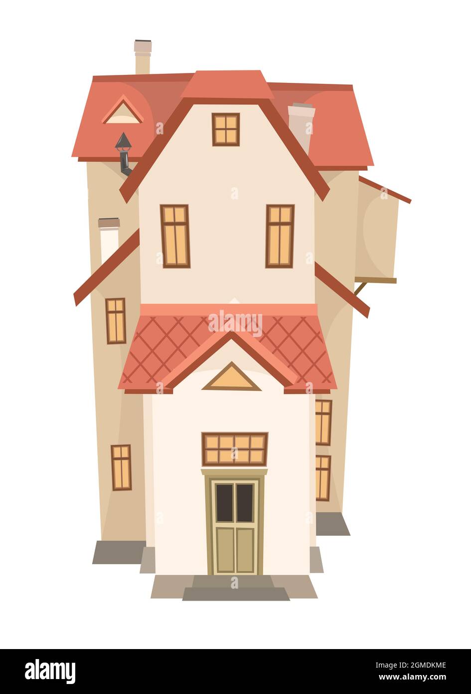 Hohes Cartoon-Haus mit rotem Dach. Gemütliche, einfache ländliche Wohnung in einem traditionellen europäischen Stil. Süßes Zuhause. Isoliert auf weißem Hintergrund. Vektor Stock Vektor