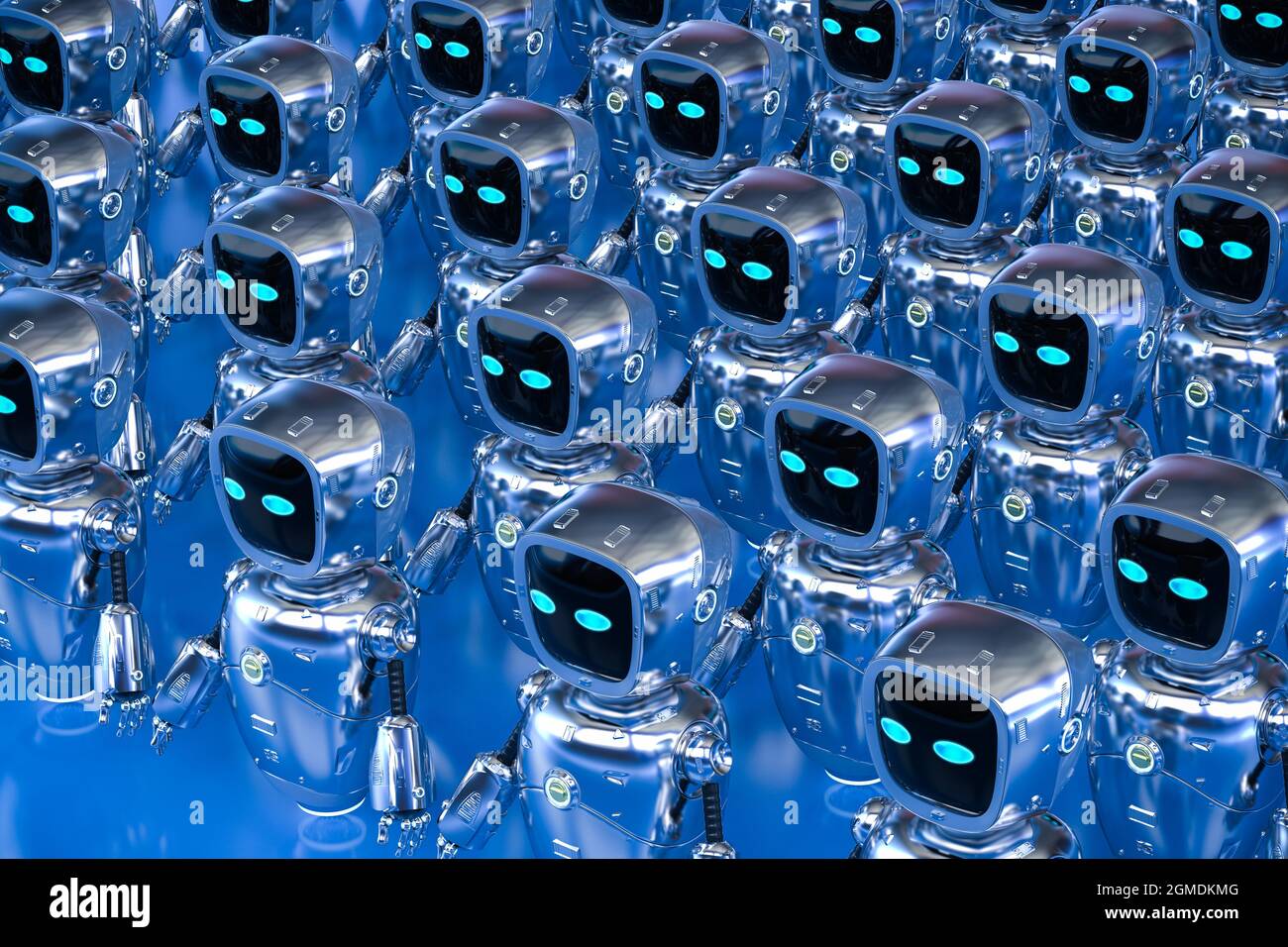 3d-Rendering-Gruppe von Automatisierungs- oder Hilfsrobotern Stockfoto