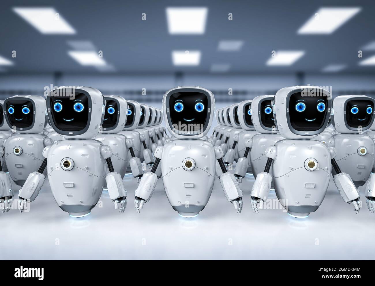 3d-Rendering-Gruppe von Automatisierungs- oder Hilfsrobotern Stockfoto