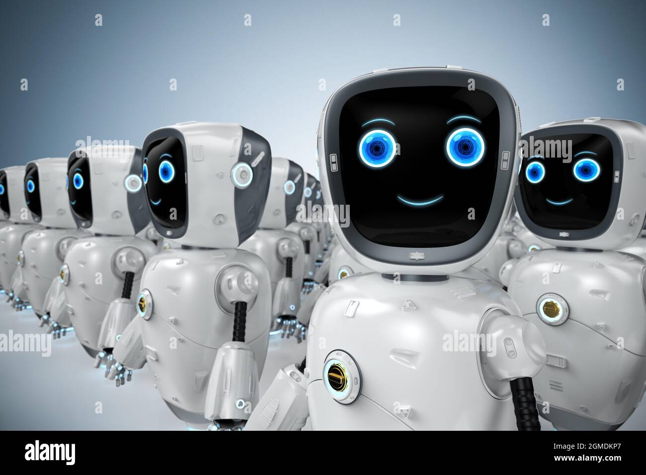 Führungskonzept mit 3d-Rendering-Assistenzroboter, der in einer Reihe steht Stockfoto