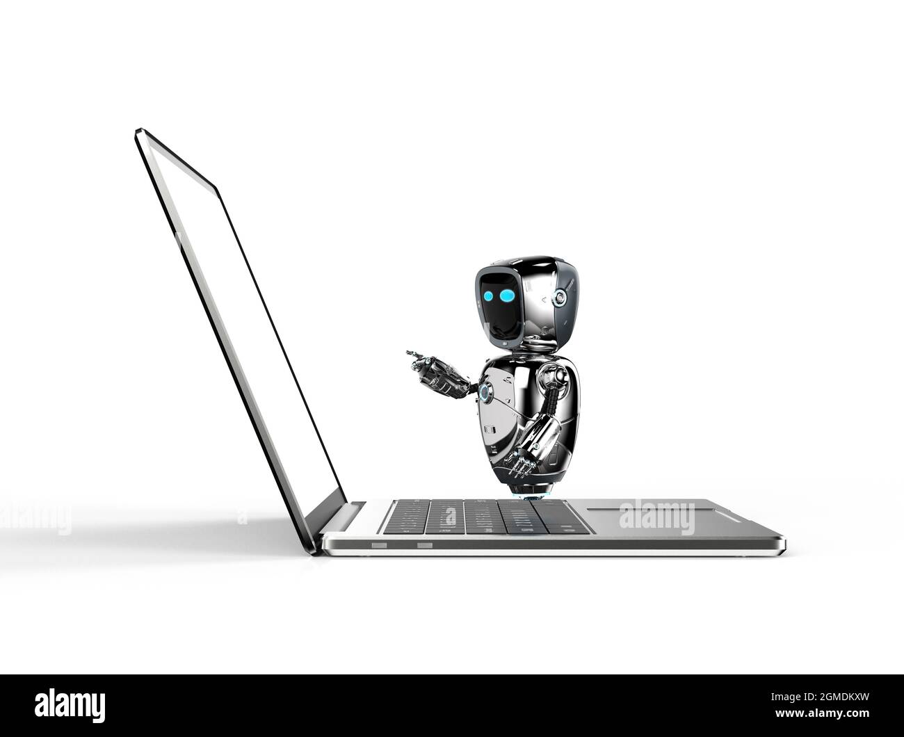 3d-Rendering niedlichen Roboter für künstliche Intelligenz oder Assistent Roboter mit Computer-Notebook Stockfoto
