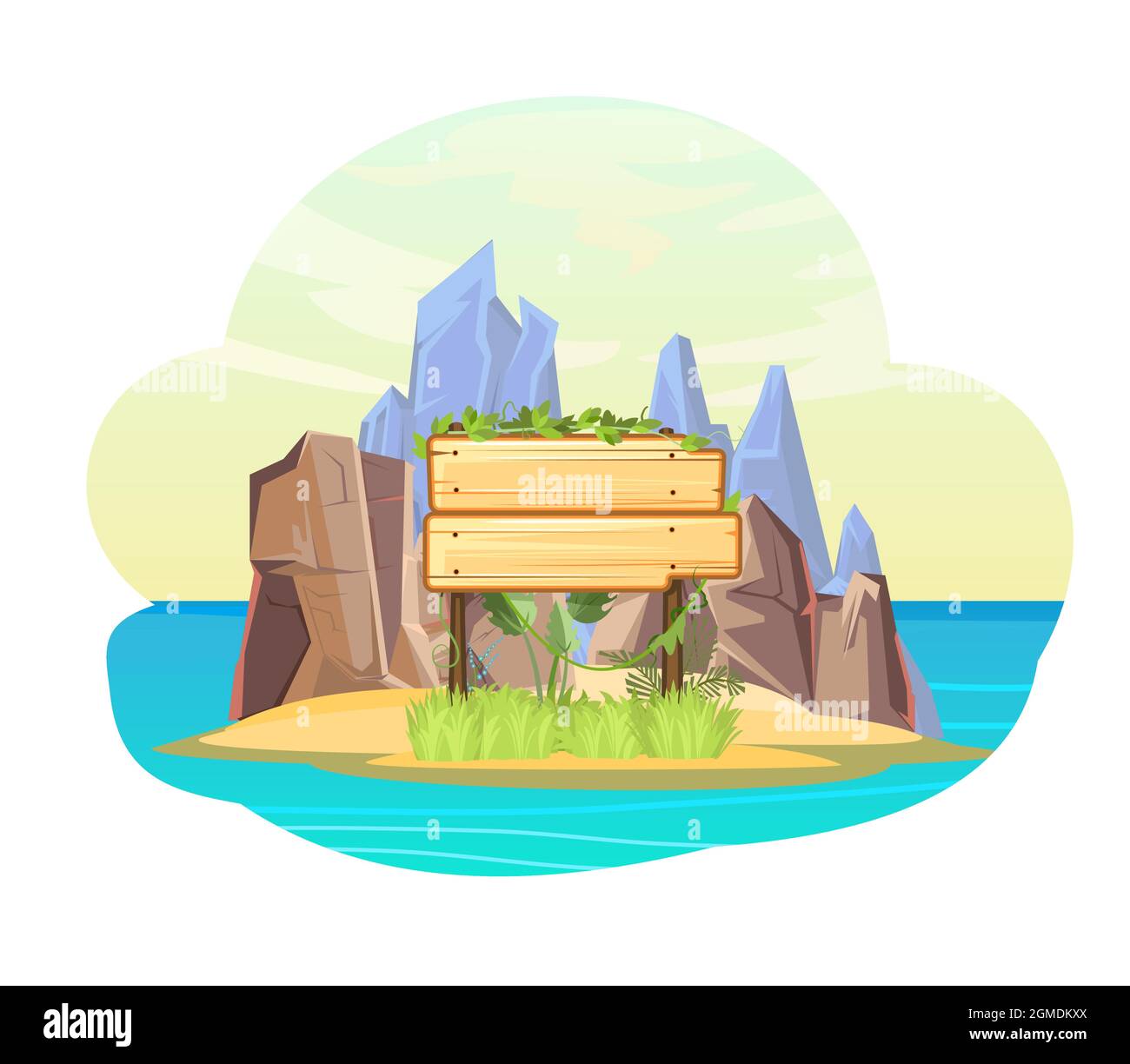 Insel im Meer. Holzschild. Zwei Elemente leeren das Brett mit Platz für Text. Cartoon-Stil. Blaues ruhiges Meer. Flache Abbildung. Isoliert auf Weiß Stock Vektor
