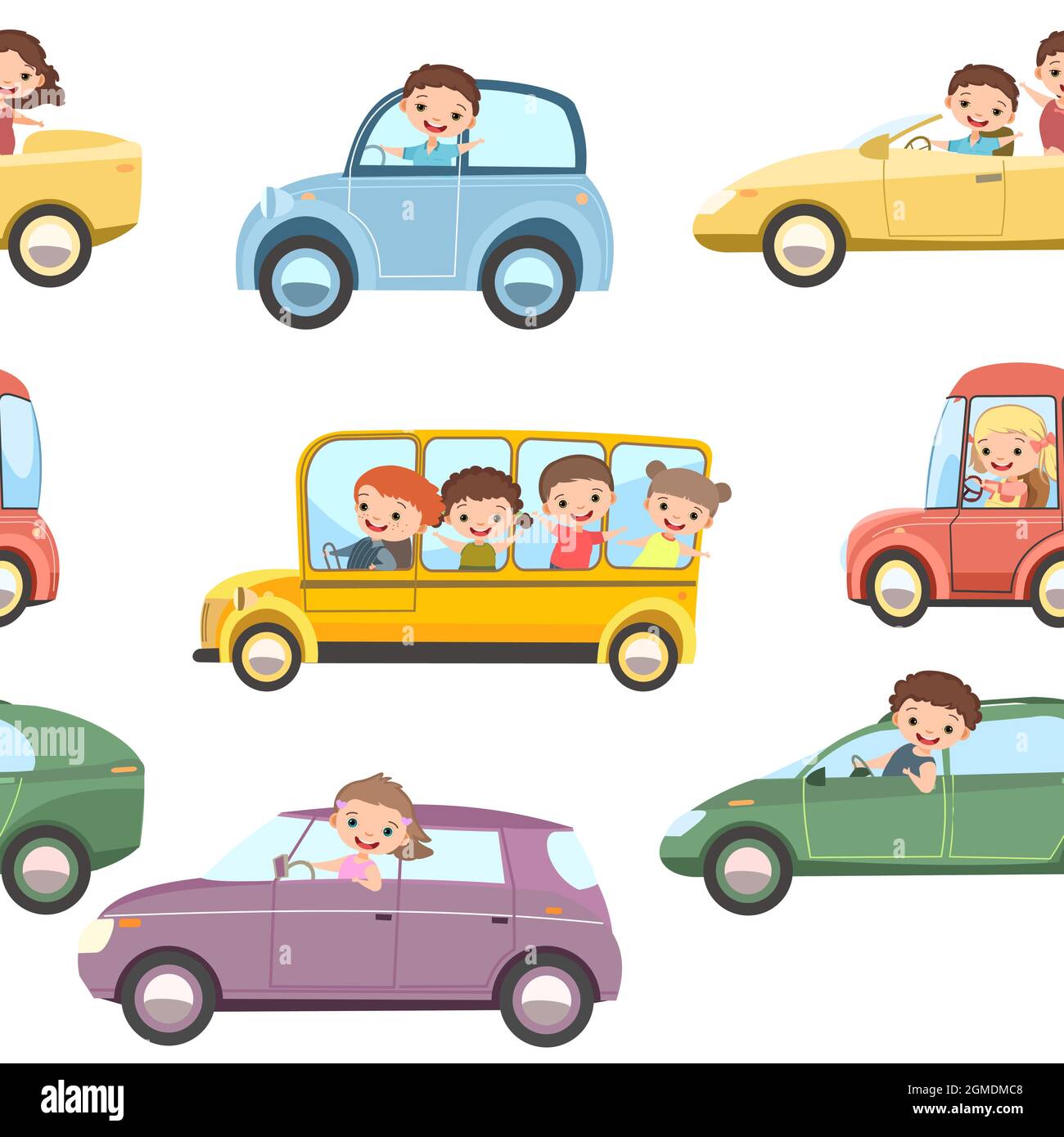 Kinder fahren Autos. Nahtloses Cartoon-Muster. Kinderfahrer. Kinder Hintergrund isoliert. Verschiedene Automobile. Lächelt. Spielzeug Fahrzeug, Motor und Stock Vektor