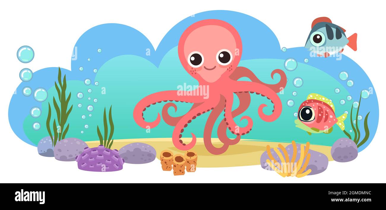 Octopus und Fisch. Kleine Landschaft. Unterwasserwelt. Wilde Tiere. Meer, Meer. Sommerwasser. Isoliert auf weißem Hintergrund. Illustration in Cartoon Stock Vektor