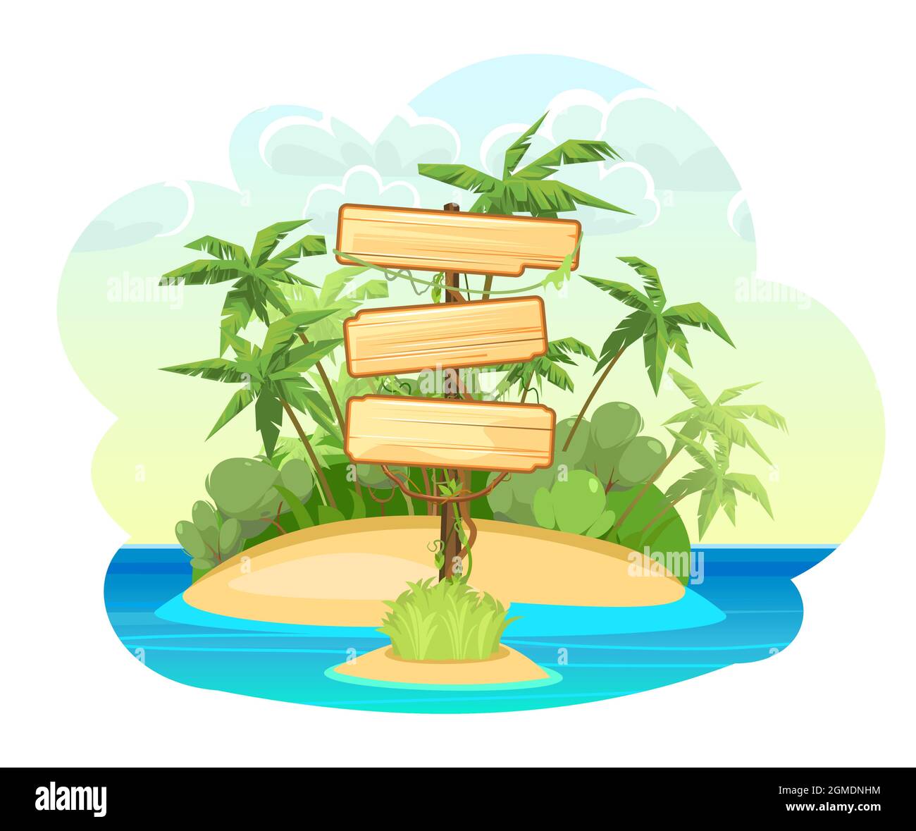 Holzschild auf der Insel im Meer. Drei Bedeutungen. Cartoon-Stil. Blaues ruhiges Meer. Dschungelpalmen. Flache Abbildung. Isoliert auf Weiß Stock Vektor