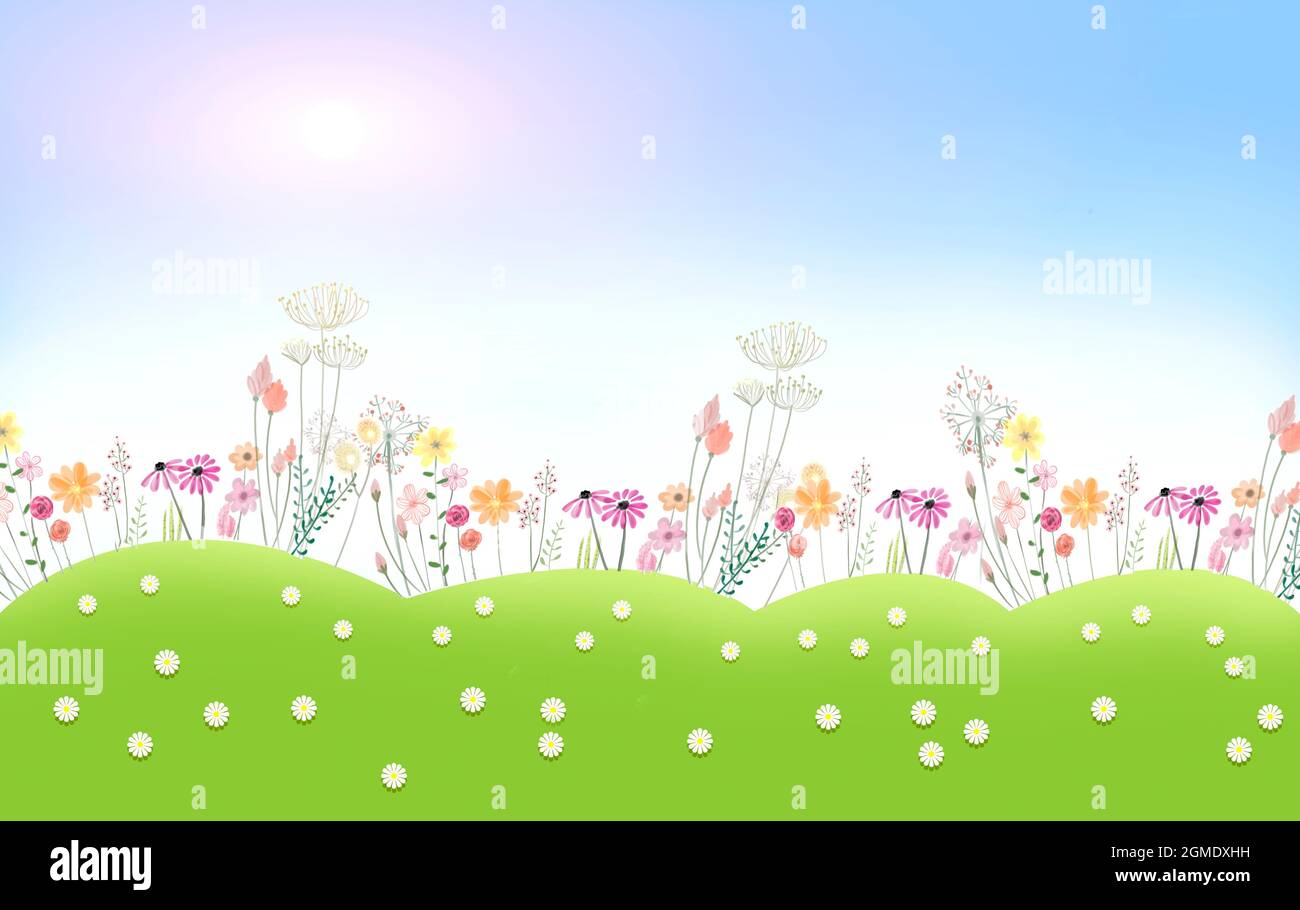 Illustration für Kinderbücher, Kräuter, Sonne, schöne Feenblumen, Licht Stockfoto