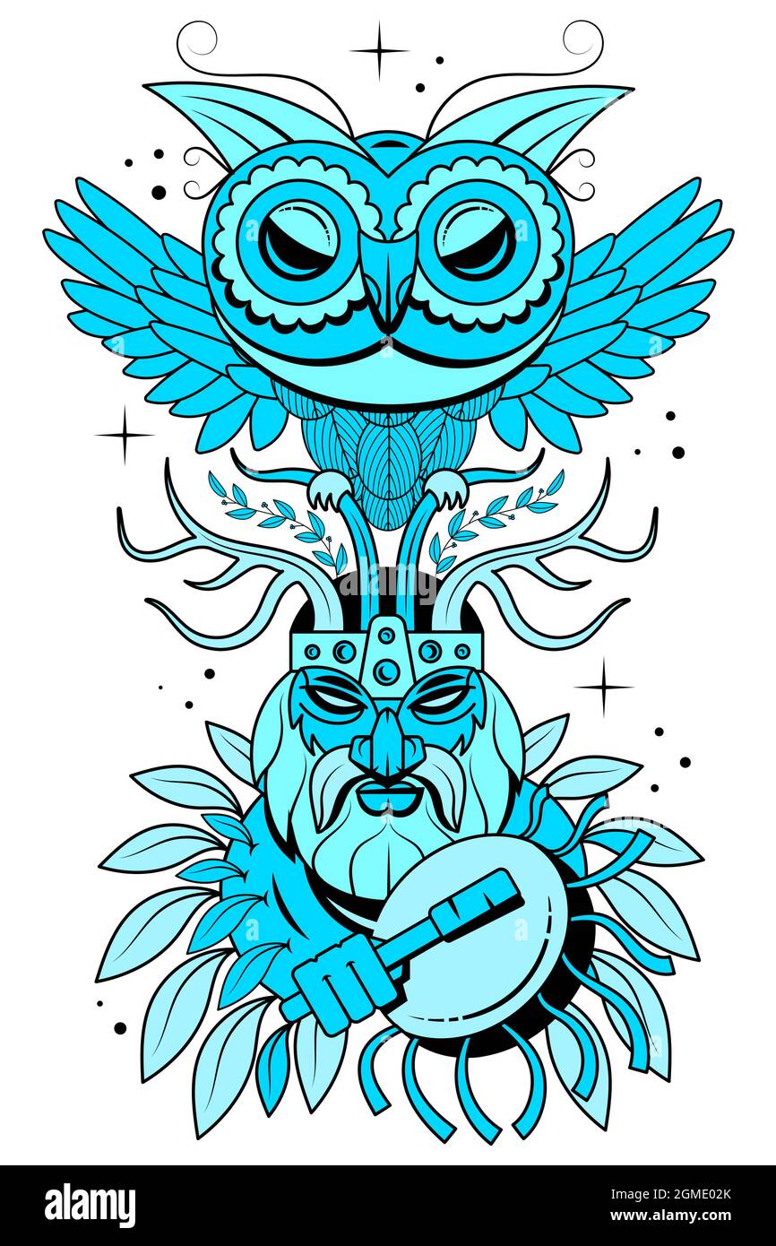 Handgezeichneter Porträtmann mit Federn und ethnischen Symbolen. Vektor Hand gezeichnet Hipster Illustration isoliert auf weißem Hintergrund.Boho Design, T-Shirt Stock Vektor