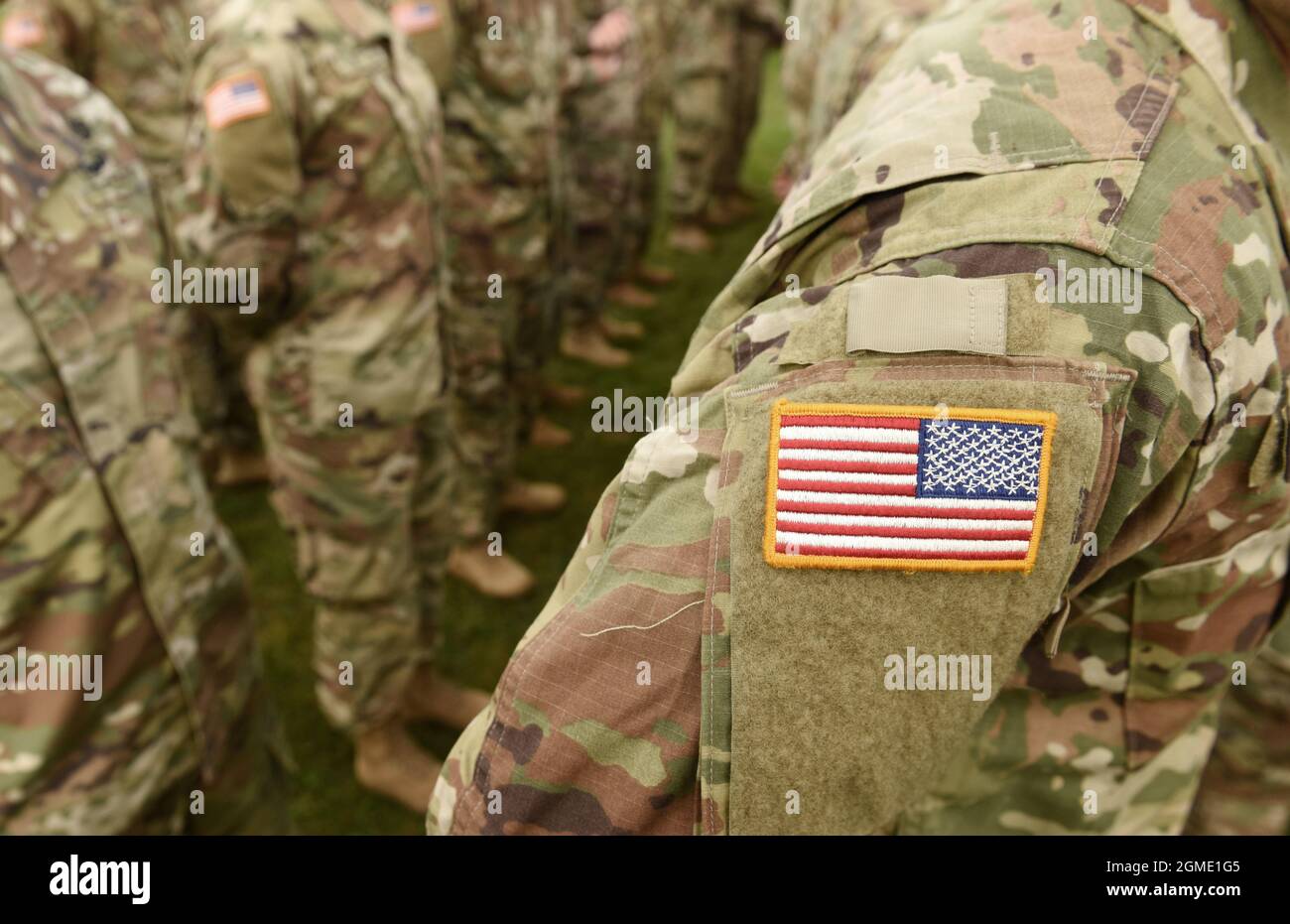US-Soldaten. US-Armee. USA-Patch-Flagge auf der US-Militäruniform. Veterans Day. Memorial Day. Stockfoto