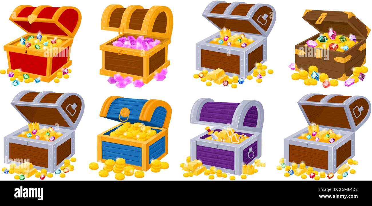Cartoon Piraten alte Truhen voller Goldschätze. Hölzerner Piratenstamm mit goldenen Schätzen und Edelsteinen Vektor Illustration Set. Piratenbrust Stock Vektor