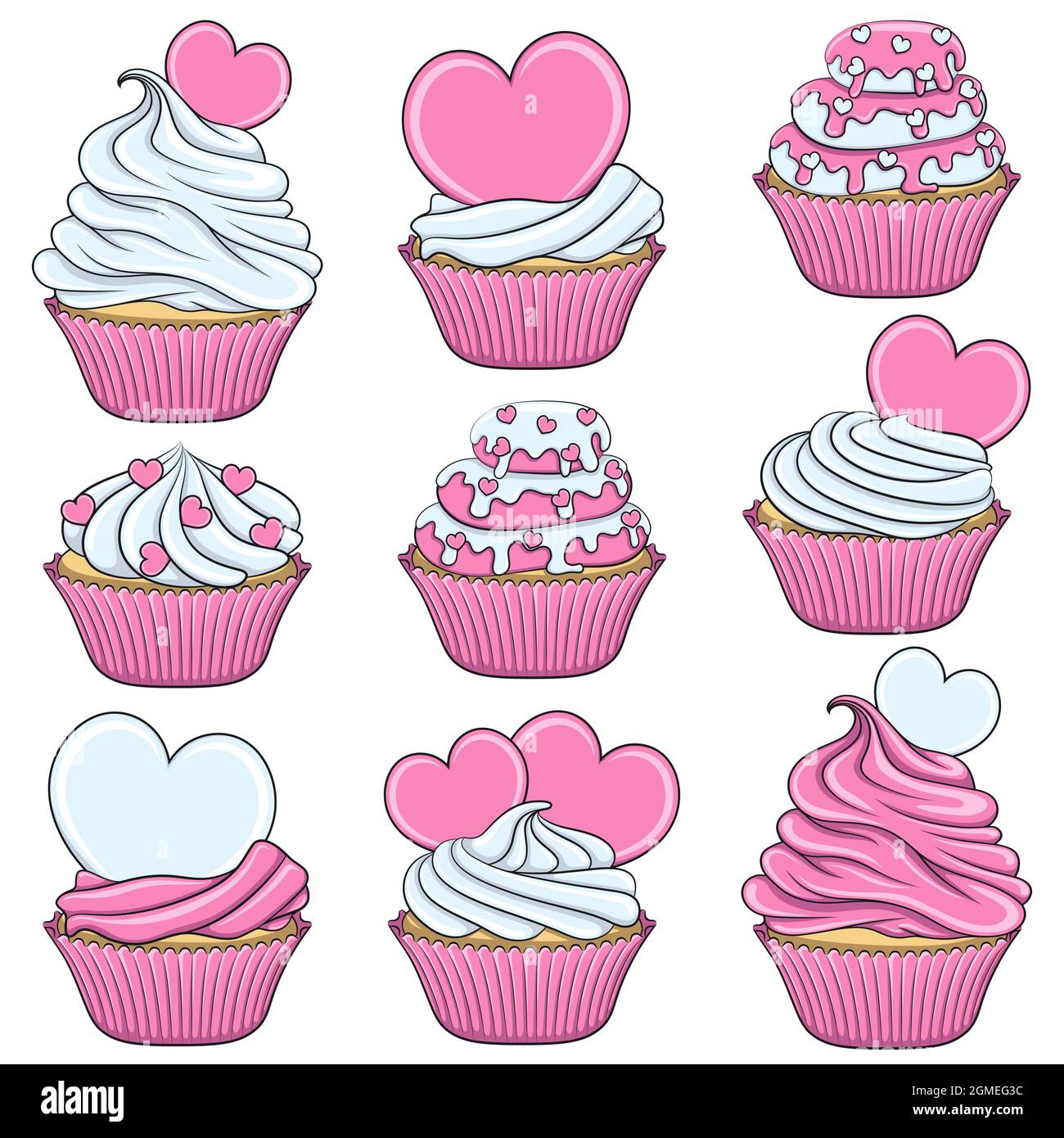 Set von Farb-Vektor Cupcakes mit Herzen. Isolierte Objekte auf Weiß. Stock Vektor