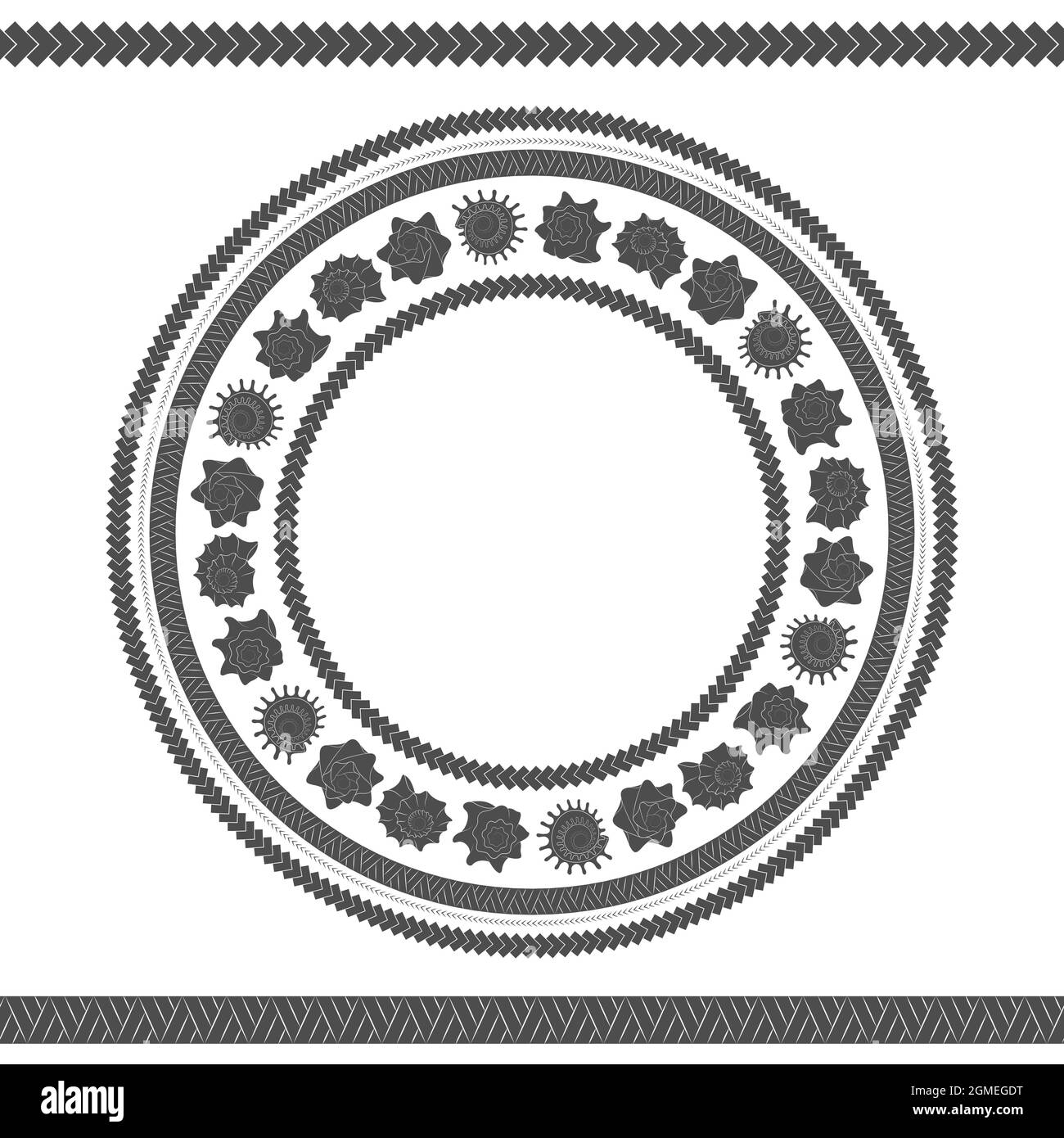Nahtloses Muster mit Muscheln und polynesischen Mustern. Vektor schwarz-weiß runde Illustration. Stock Vektor