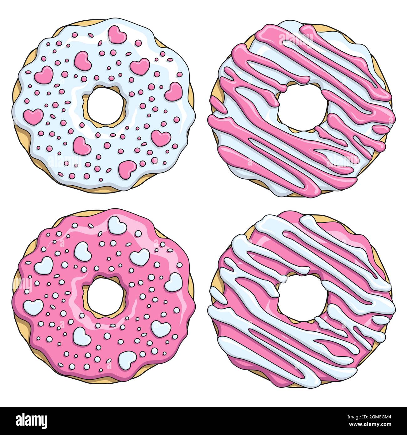 Set von rosa und weißen Donuts mit Herzen verziert. Isolierte Vektorobjekte auf weißem Hintergrund. Stock Vektor