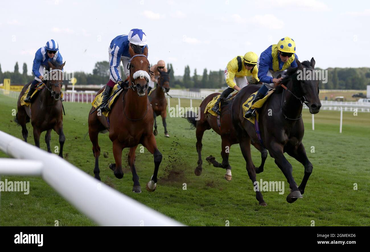 Solid Stone von William Buick (rechts) gewinnt den Einsatz des Dubai Duty Free Legacy Cup während des Dubai Duty Free International Samstags auf der Newbury Racecourse in Newbury. Bilddatum: Samstag, 18. September 2021. Stockfoto