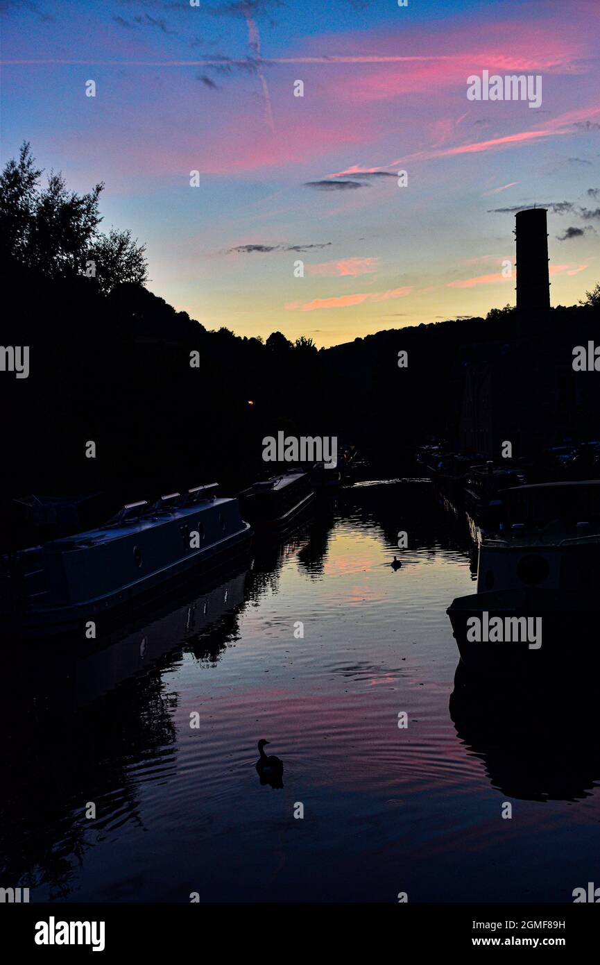 Sonnenuntergang, Rochdale Canal, Hebden Bridge, Calderdale, West Yorkshire Stockfoto