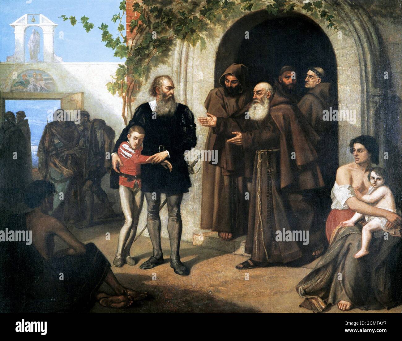 Christopher Columbus und sein Sohn in La Rábida (Cristóbal Colón y su hijo reciben hospitalidad en el convento de La Rábida) von Ignacio Merino (1817-1876), 1855 Stockfoto