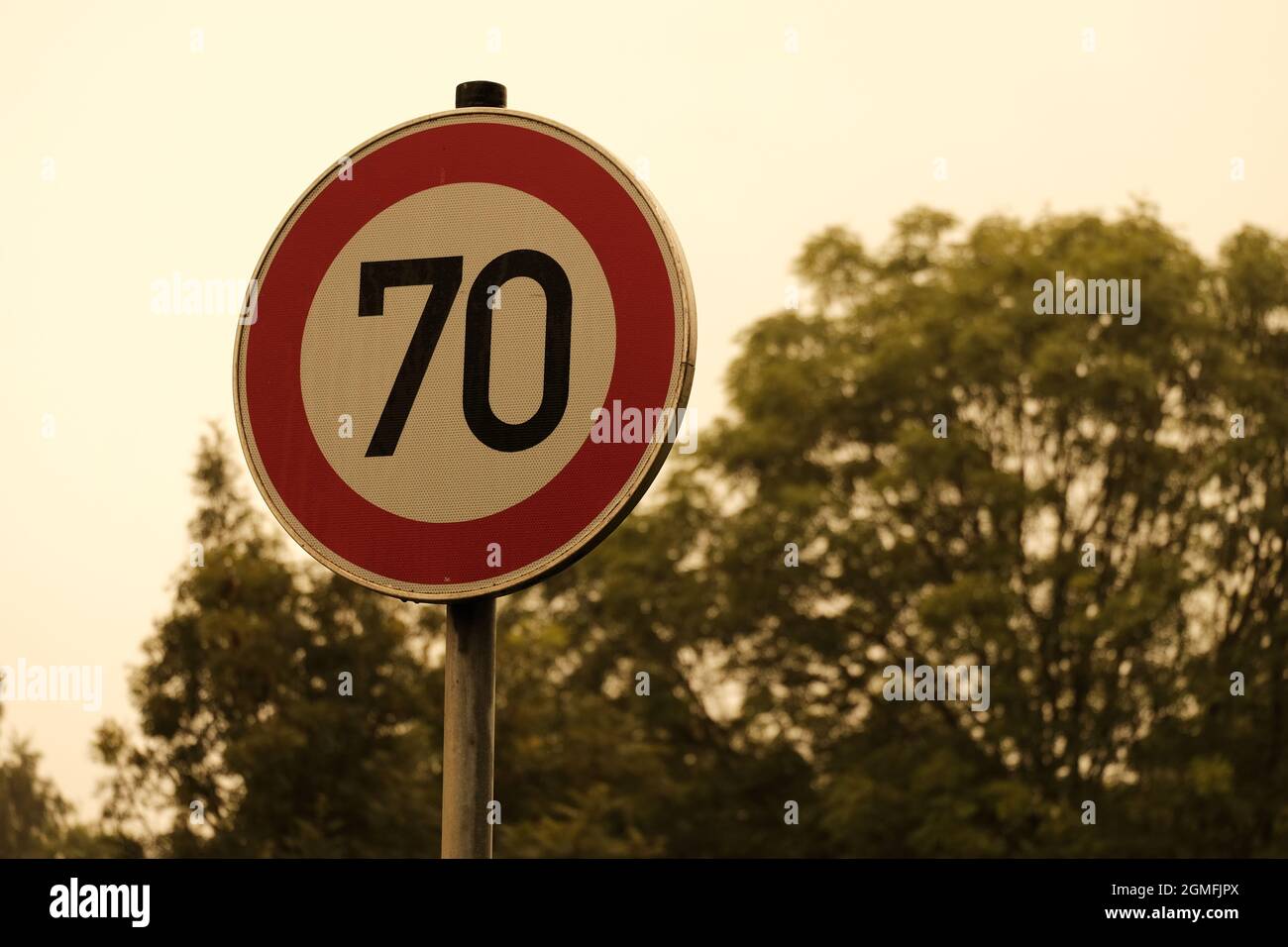 70 mph Verkehrsschild mit Bäumen im Hintergrund Stockfoto