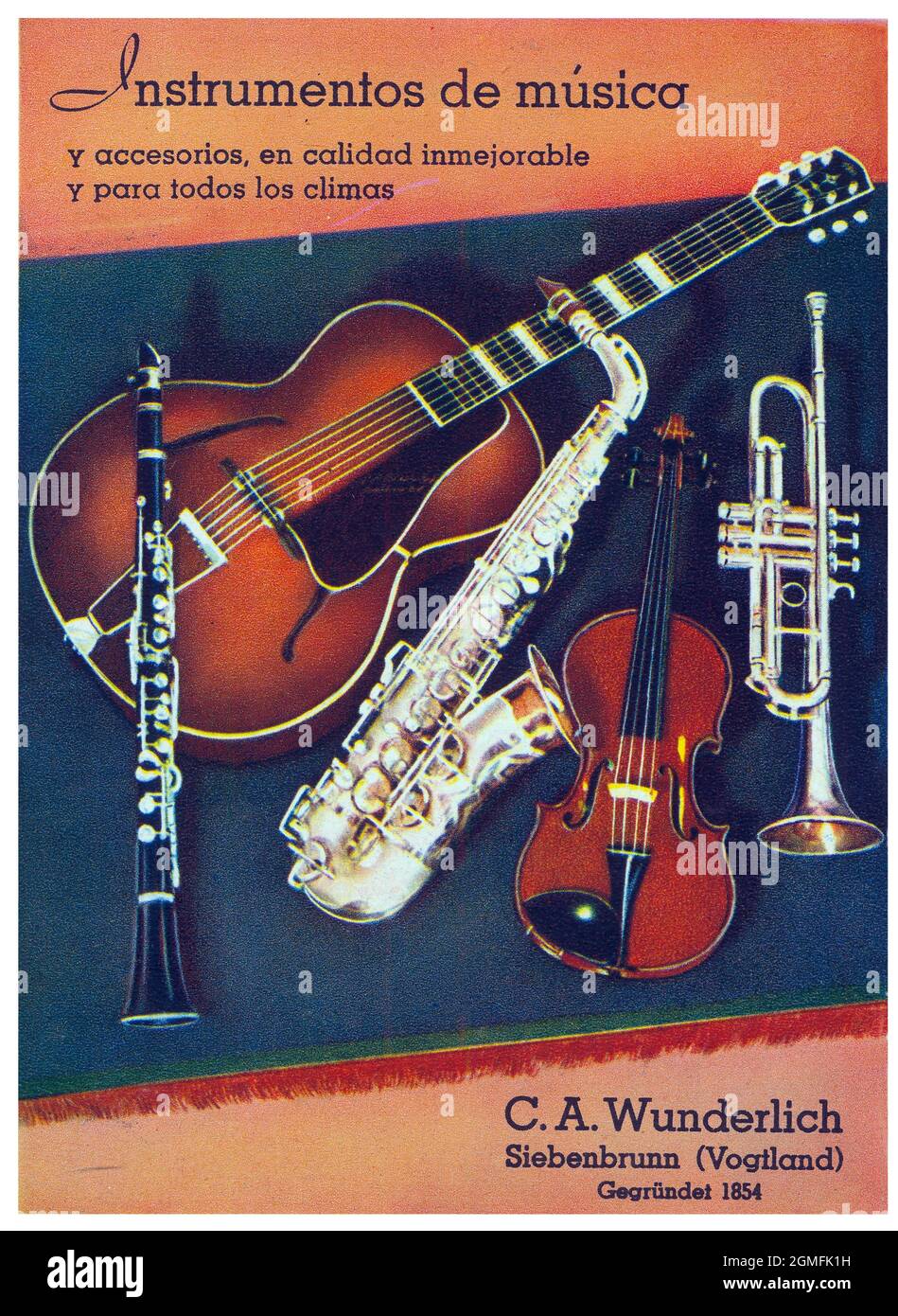 Publicidad. Instrumentos de Música C. A. Wunderlich. Alemania, año 1943. Stockfoto