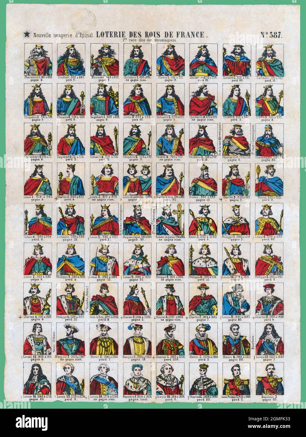 Aleluya. Loterie des Rois de France. Nouvelle Imagerie d’Epinal. Juego de azar basado en las figuras de los reyes de las dinastías Merovingias, Carlovingias, Capetos, rama Valois, Valois de Orleans, Borbónica y Napoleónica. Grabado Popular del siglo XIX. Stockfoto