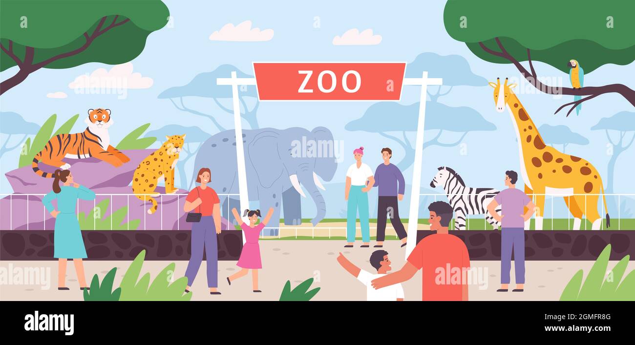 Flache Tore zum Zoo mit Besucherfamilie und Kindern. Cartoon Safari Park mit Menschen und afrikanischen Savannen Tiere in Käfigen Vektorlandschaft Stock Vektor