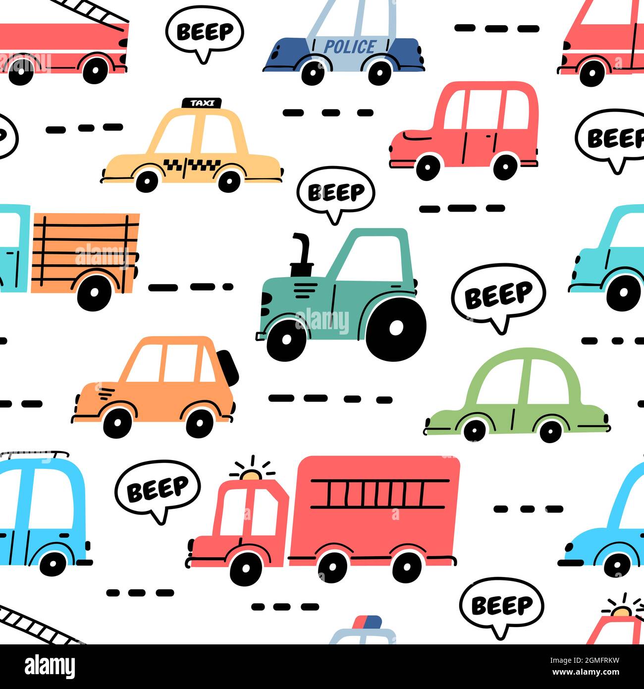 Cartoon Autos nahtlose Muster mit LKW, Polizei und Feuerwehrauto. Baby Spielzeug Transport auf Straße Tapete für Kinderzimmer. Autoverkehr Vektordruck Stock Vektor
