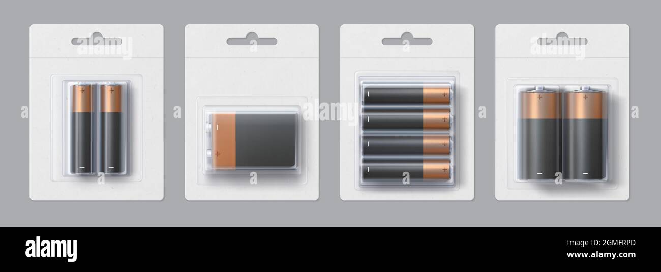 Realistische Alkaline-Batterien Größe Pakete Modell Design. Schwarze und goldene metallische Elektrobatterien in transparenten Packungen Vektor-Schablone-Set Stock Vektor
