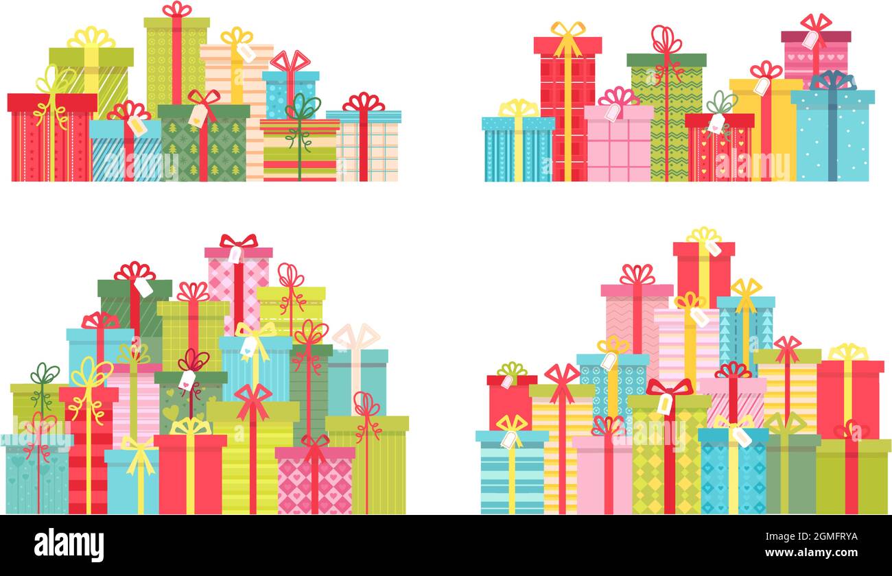 Cartoon Stapel von weihnachten und Geburtstag Geschenke in Geschenkboxen. Preiskonzept. Feiertagsüberraschung Party Dekoration. Vektor-Set mit flachem Geschenkstapel Stock Vektor