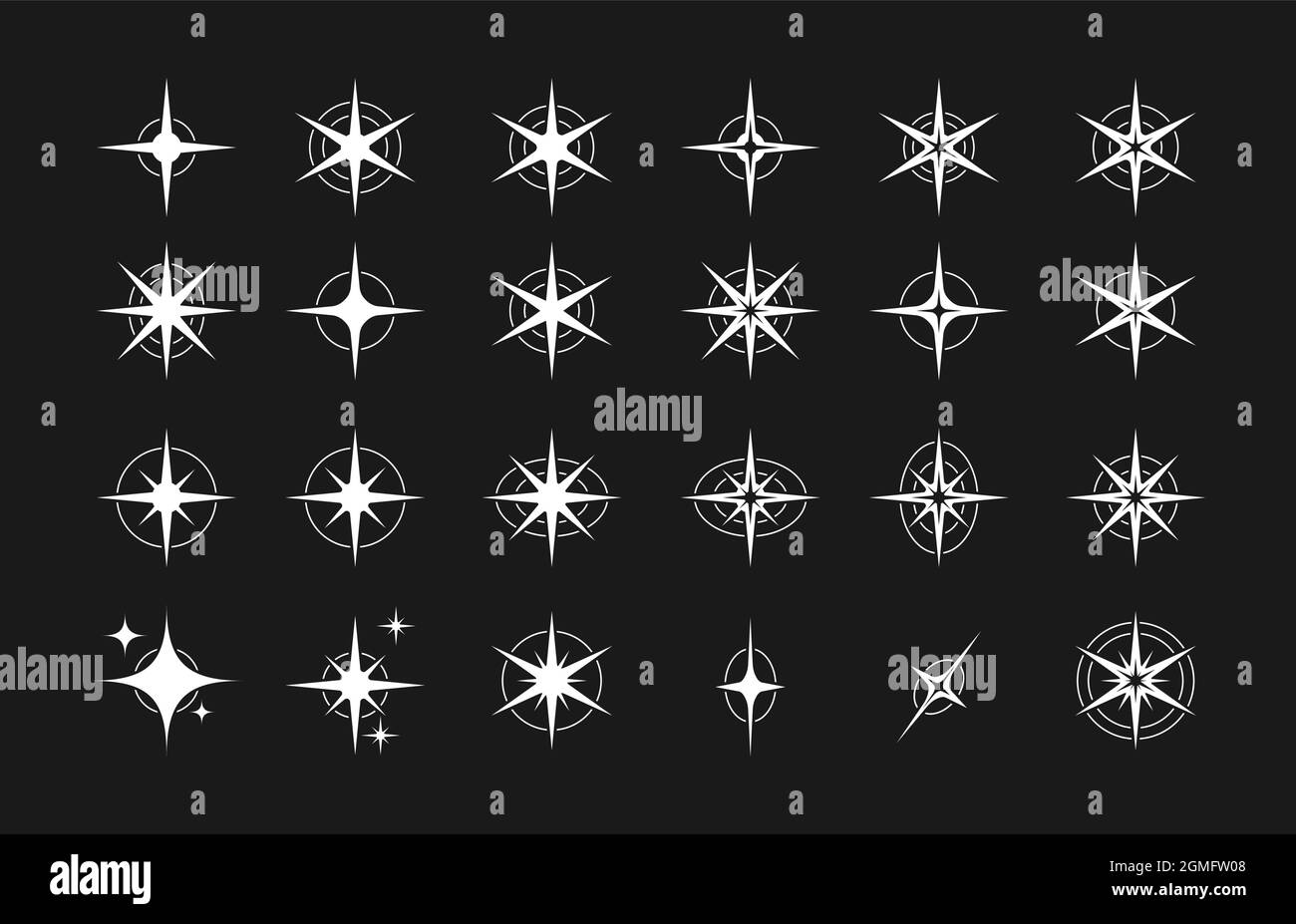 Sterne. Satz bearbeitbarer Sternensymbole mit Ausstrahlung für Sternenhimmel, Feuerwerk oder Dekoration. Flaches Design Stock Vektor