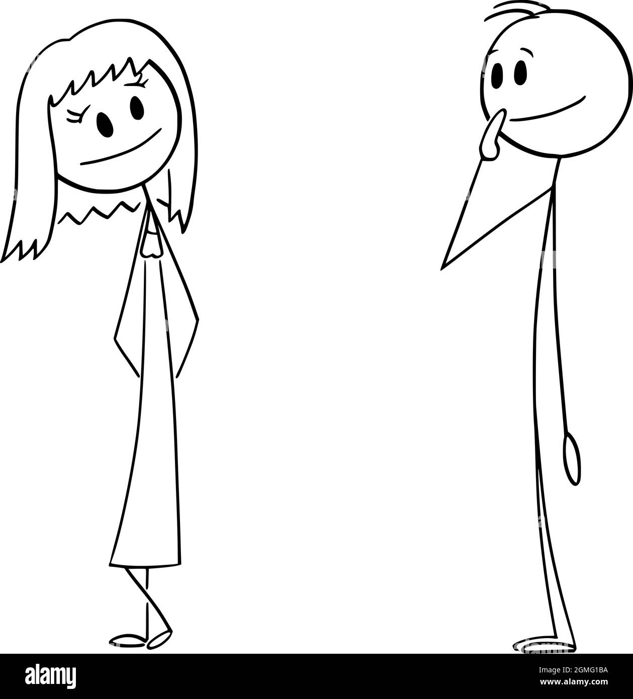 Schüchterner Mann und Frau, die sich angucken und Liebe fühlen, Vektor-Cartoon-Stick Abbildung Stock Vektor