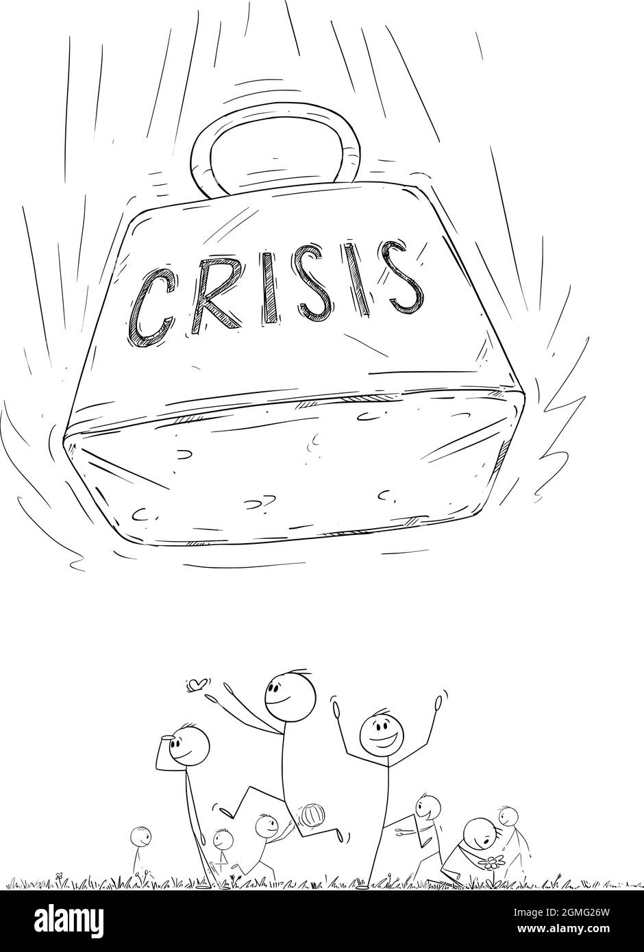 Glückliche Menschen genießen Spaß und ignorieren eingehende Krise, Vektor Cartoon Stick Figur Illustration Stock Vektor