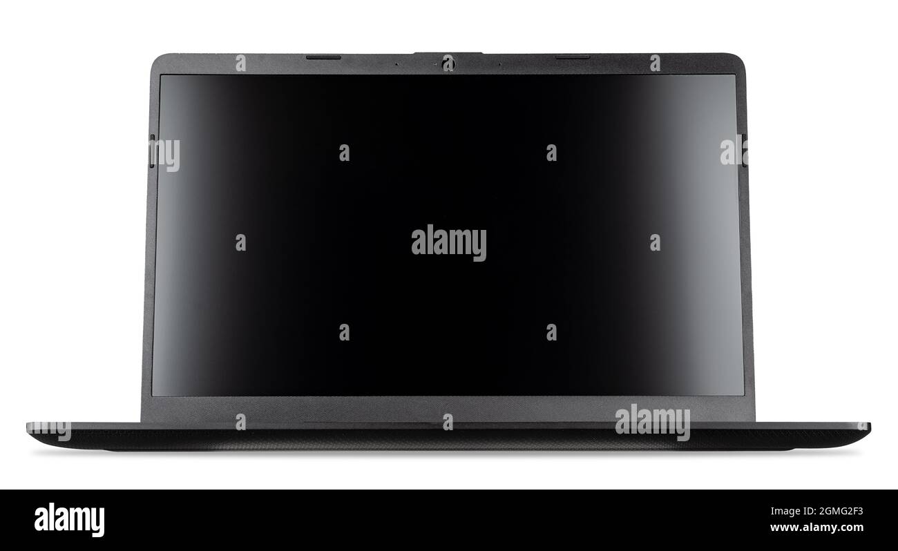 Moderne offene schwarze mobile Laptop-Notebook-Computer mit Kopierraum leeren Bildschirm isoliert auf weißem Hintergrund. Business Smart Technologie Konzept Stockfoto