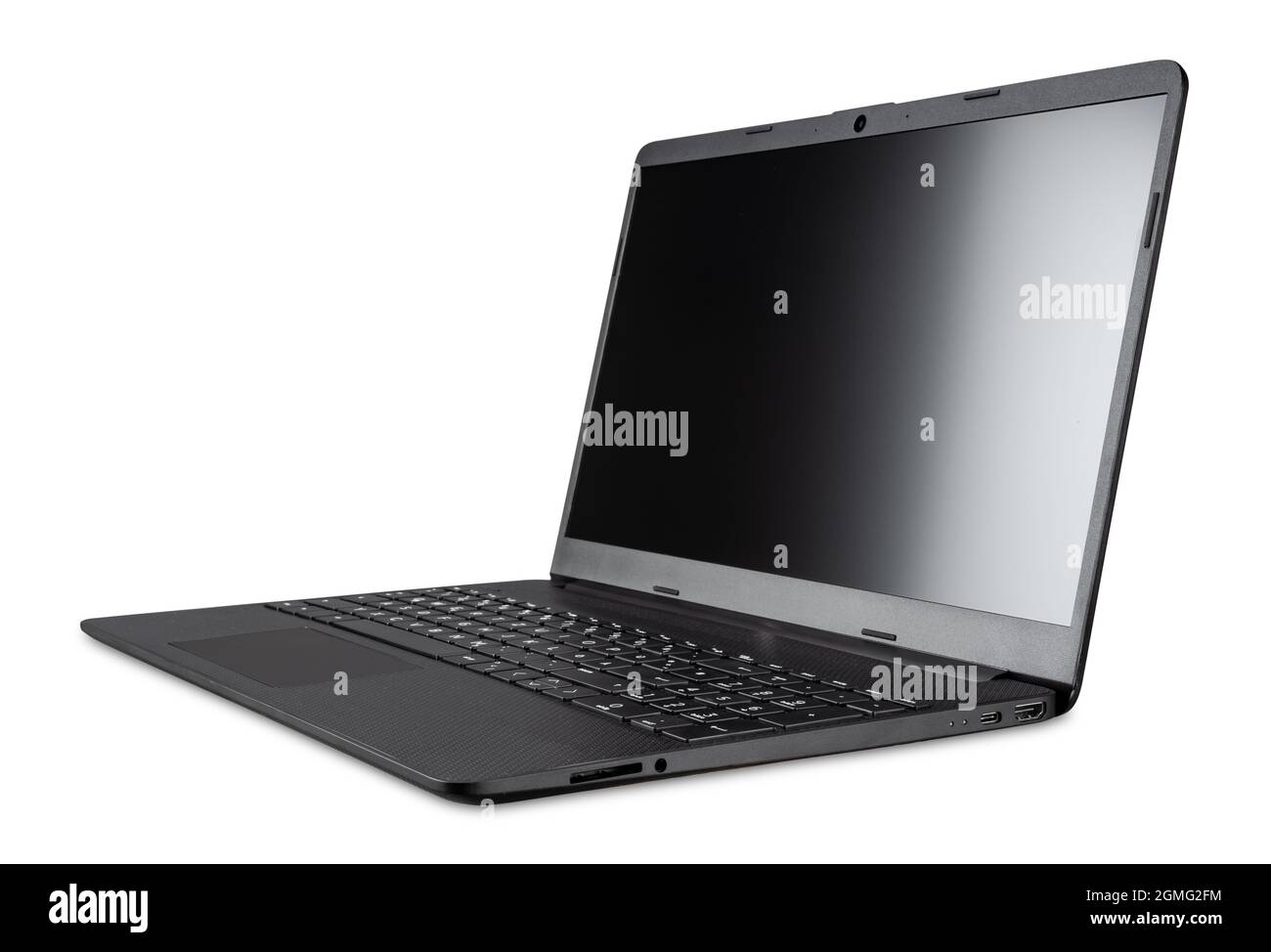 Moderne offene schwarze mobile Laptop-Notebook-Computer mit Kopierraum leeren Bildschirm isoliert auf weißem Hintergrund. Business Smart Technologie Konzept Stockfoto
