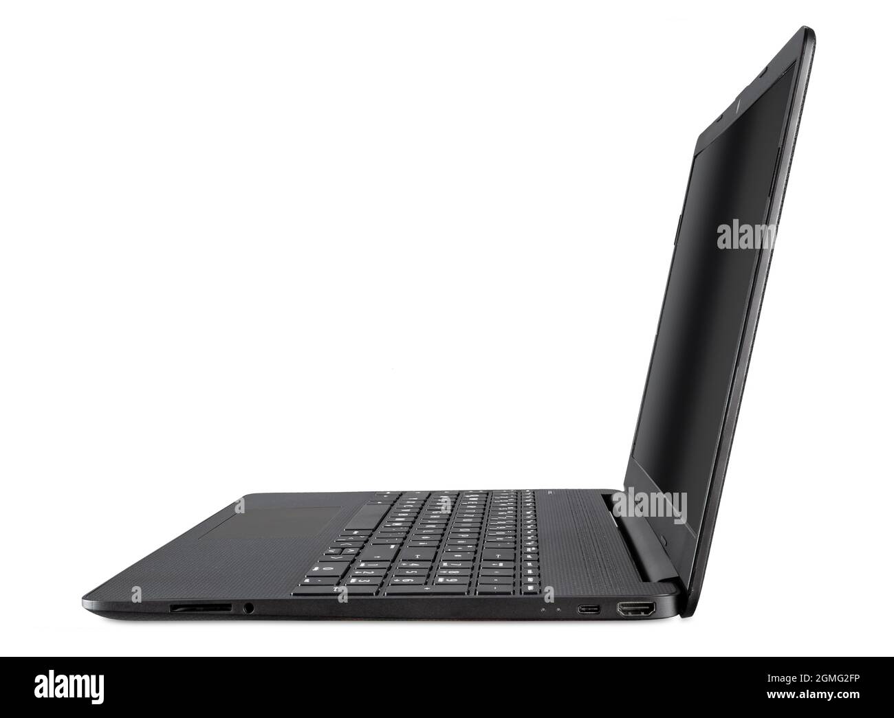 Moderne offene schwarze mobile Laptop-Notebook-Computer in Seitenansicht mit leerem Bildschirm isoliert auf weißem Hintergrund. Business Smart Technologie Konzept Stockfoto