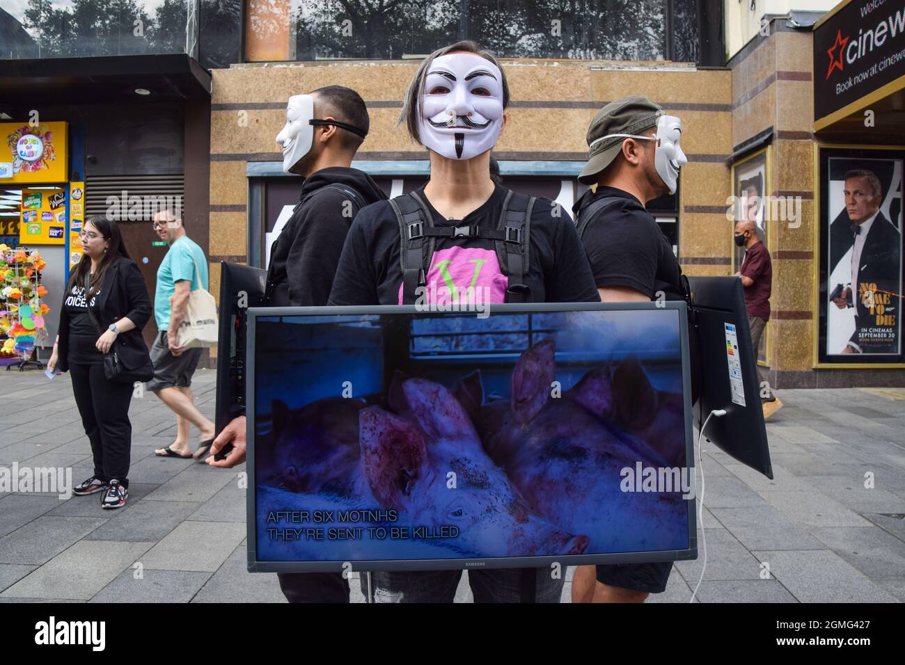 London, Großbritannien. September 2021. Die Tierrechtsgruppe Anonymous for the Voiceless veranstaltete auf dem Leicester Square eine Aktion mit dem Titel „Cube of Truth“, bei der Passanten ermutigt wurden, vegan zu gehen, indem sie grafische Aufnahmen der Schrecken zeigte, die Tiere in Schlachthäusern, in der Tierzucht und in der Fischwirtschaft durchmachen. Kredit: Vuk Valcic / Alamy Live Nachrichten Stockfoto