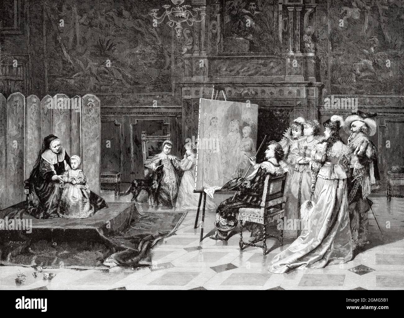 Der Maler Van Dyck, der die Söhne Karls I. porträtiert, Gemälde von Bartolomeo Giuliano (1825-1909), war ein italienischer Maler. Alte, gravierte Illustration aus dem 19. Jahrhundert von La Ilustración Artística 1882 Stockfoto