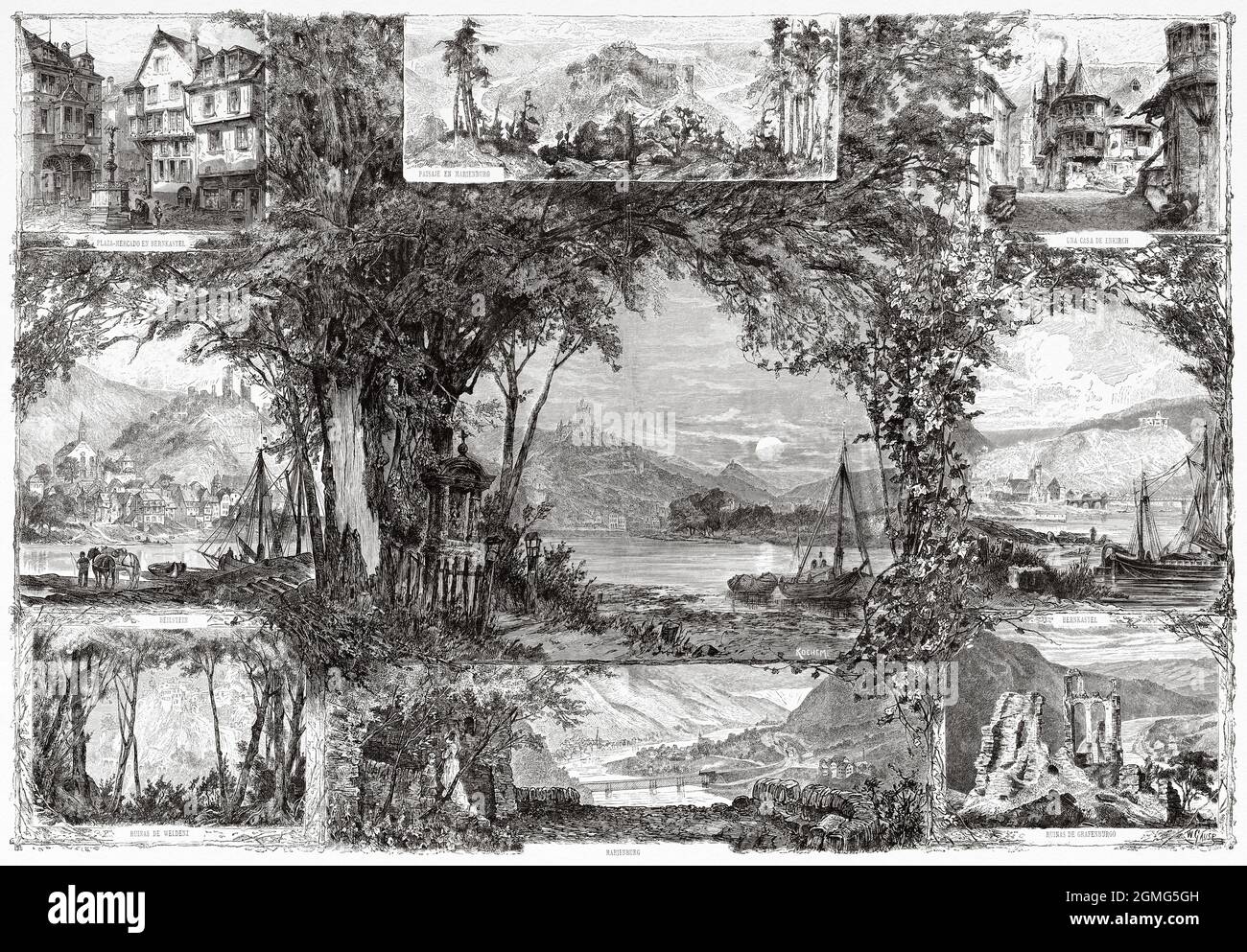 Leben an den Ufern der Mosel, Rheinland-Pfalz, Deutschland, Europa, Gemälde von Wilhelm Gause (1853-1916) war ein deutsch-österreichischer Maler und Illustrator der Düsseldorfer Schule. Alte, gravierte Illustration aus dem 19. Jahrhundert von La Ilustración Artística 1882 Stockfoto