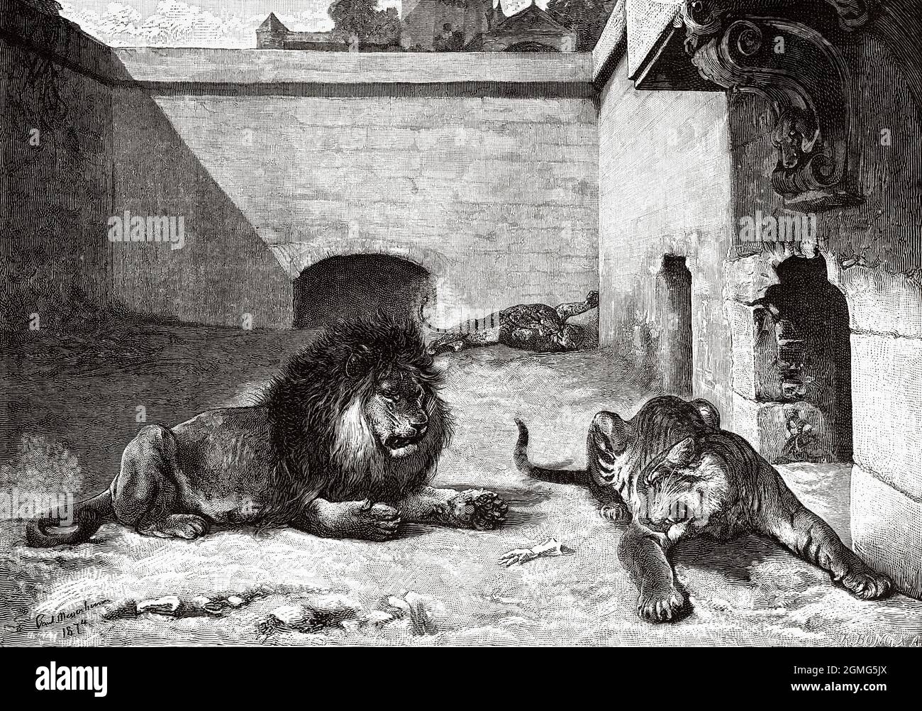 Der Handschuh, Gemälde von Paul Friedrich Meyerheim (1842-1915) war ein deutscher Maler und Grafiker. Er machte Portraits und Landschaften, ist aber am besten als Tiermaler bekannt. Alte, gravierte Illustration aus dem 19. Jahrhundert von La Ilustración Artística 1882 Stockfoto