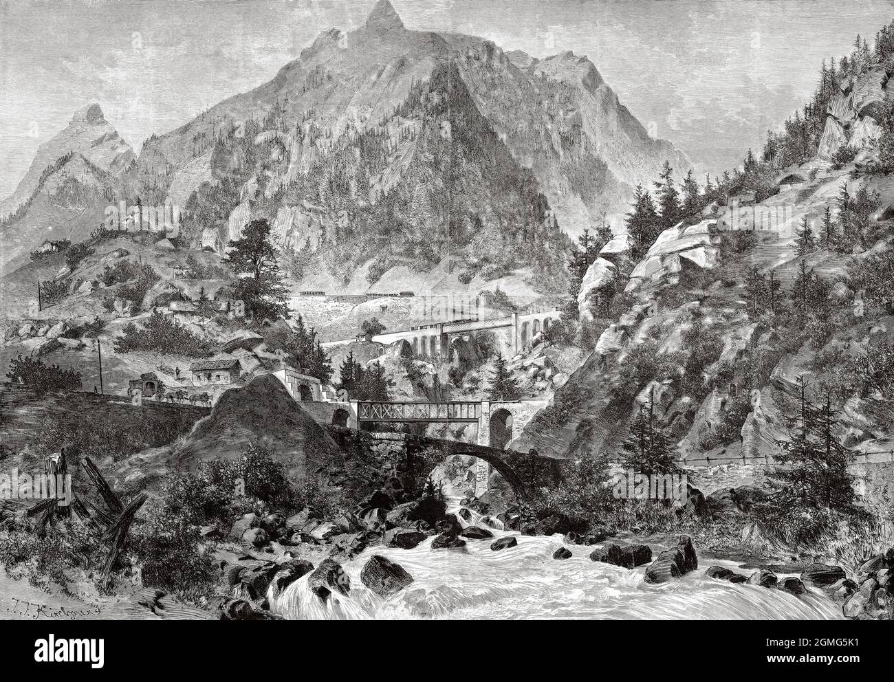 Überquerung des Tessins, Gotthardbahn, Schweiz. Alte, gravierte Illustration aus dem 19. Jahrhundert von La Ilustración Artística 1882 Stockfoto